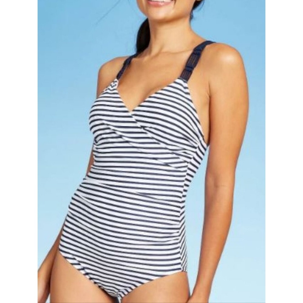 Konal Sol Women's Shirred Macrame Strap One Piece Swimsuit Size M White/Blu Good - Picture 2 of 9